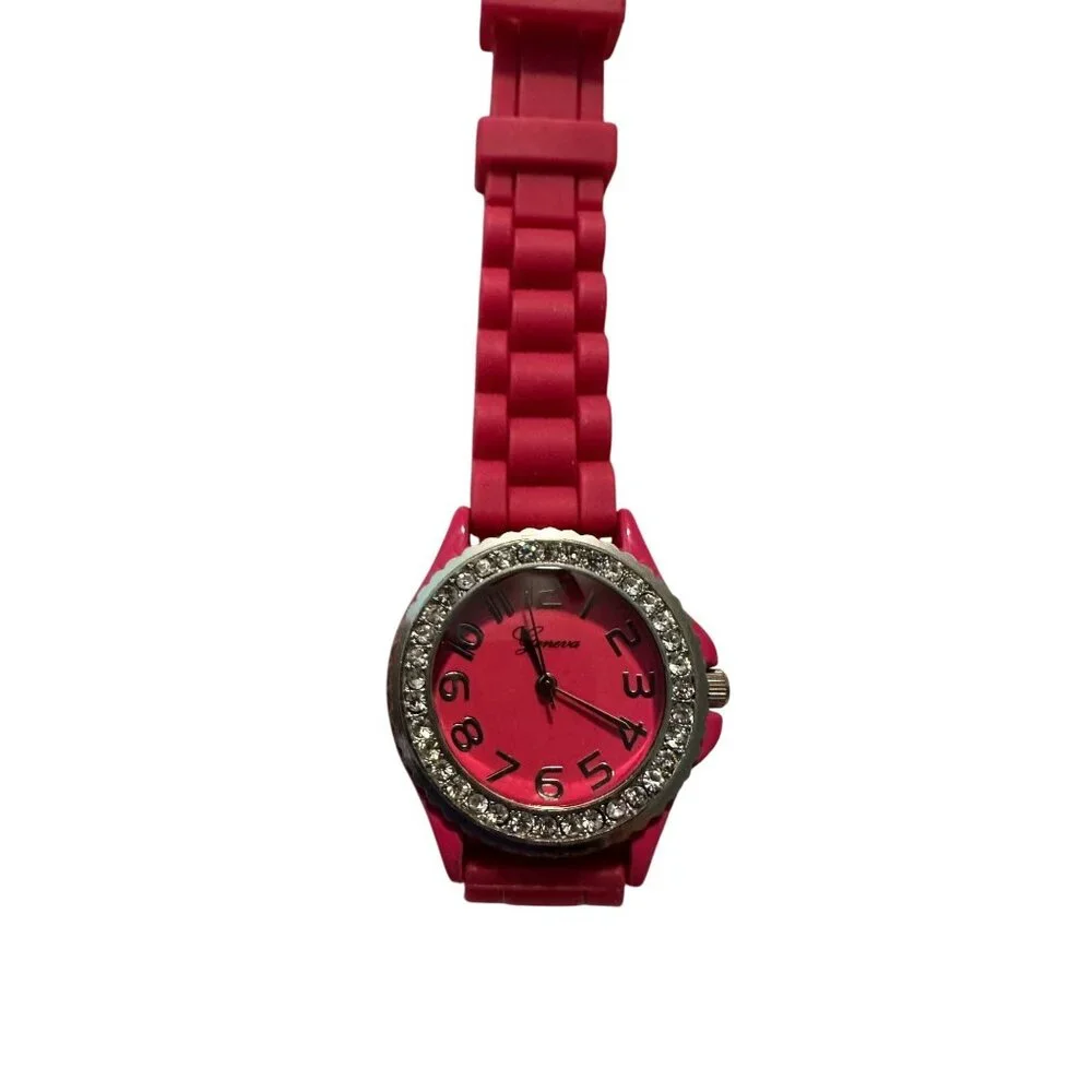 Geneva Womens Pink Silicone Watch With Rhinestone Bezel & Stainless Steel Back W